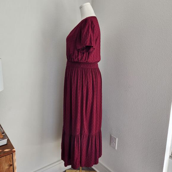 LOFT Burgundy Swiss Dot Textured Button Front Midi A-Line Dress L - Picture 6 of 11